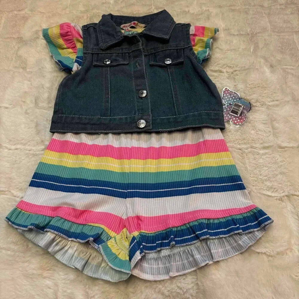 DELIAS Baby Girls Striped Romper Sleeveless Denim Vest Set Multicolor 2T NWT